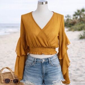 Favlux Fashion Women’s V-Neck Crossover Ruffle Sleeves Gathered Waist Top Sz XS